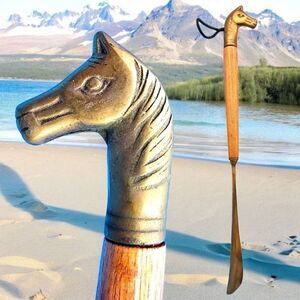 Vintage Equestrian Horse Figural Shoe Horn Solid Brass Wood 17.5"